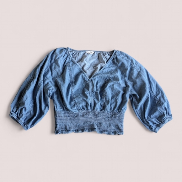 Girl Soul Tops - Denim 70's Balloon Sleeve Seamed Cropped Smocked Summer Boho Top 2X‎ Girl Soul